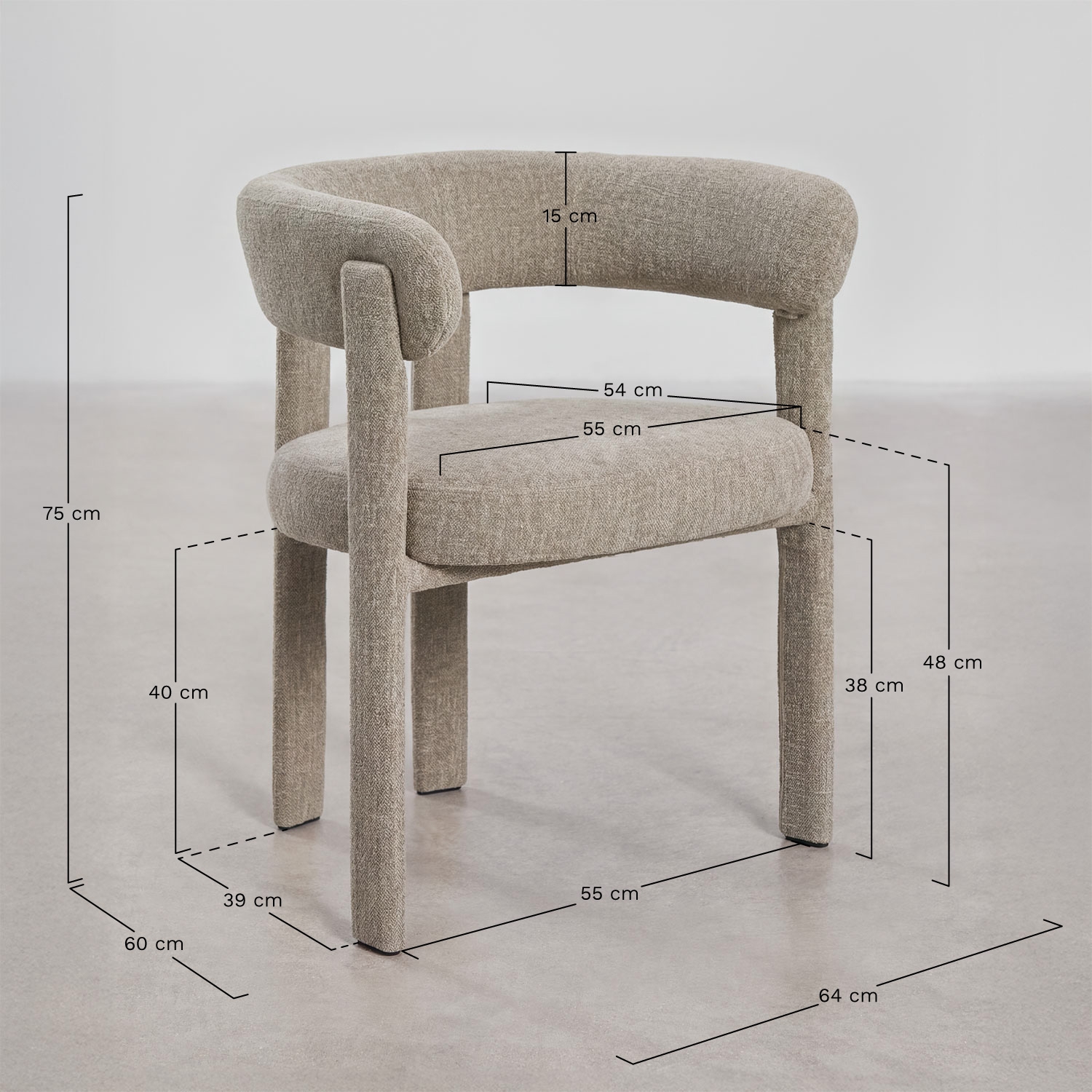 Jolie upholstered dining chair with armrests and iron frame, medidas