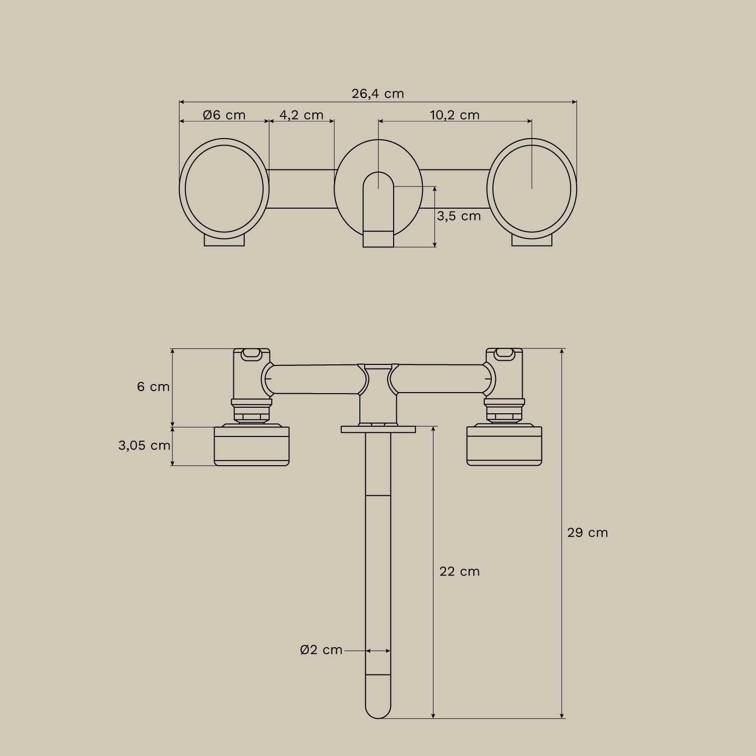 Gilstoin built-in basin mixer in brass and natural stone, medidas