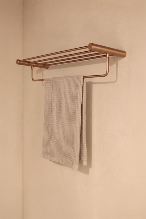 Wall-mounted towel rack with shelf in brushed rose gold stainless steel Devon