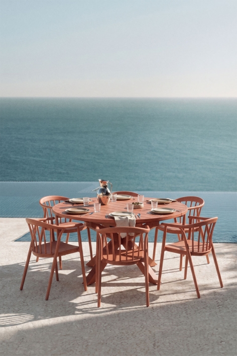 145-200x145 cm extendable aluminum Barces table set and 6 stackable garden chairs with armrests Ivor