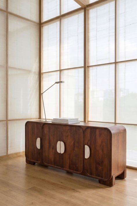 Sideboard 160x45 cm in mango wood and Kivalina natural stone - Travertine - Dark mango wood
