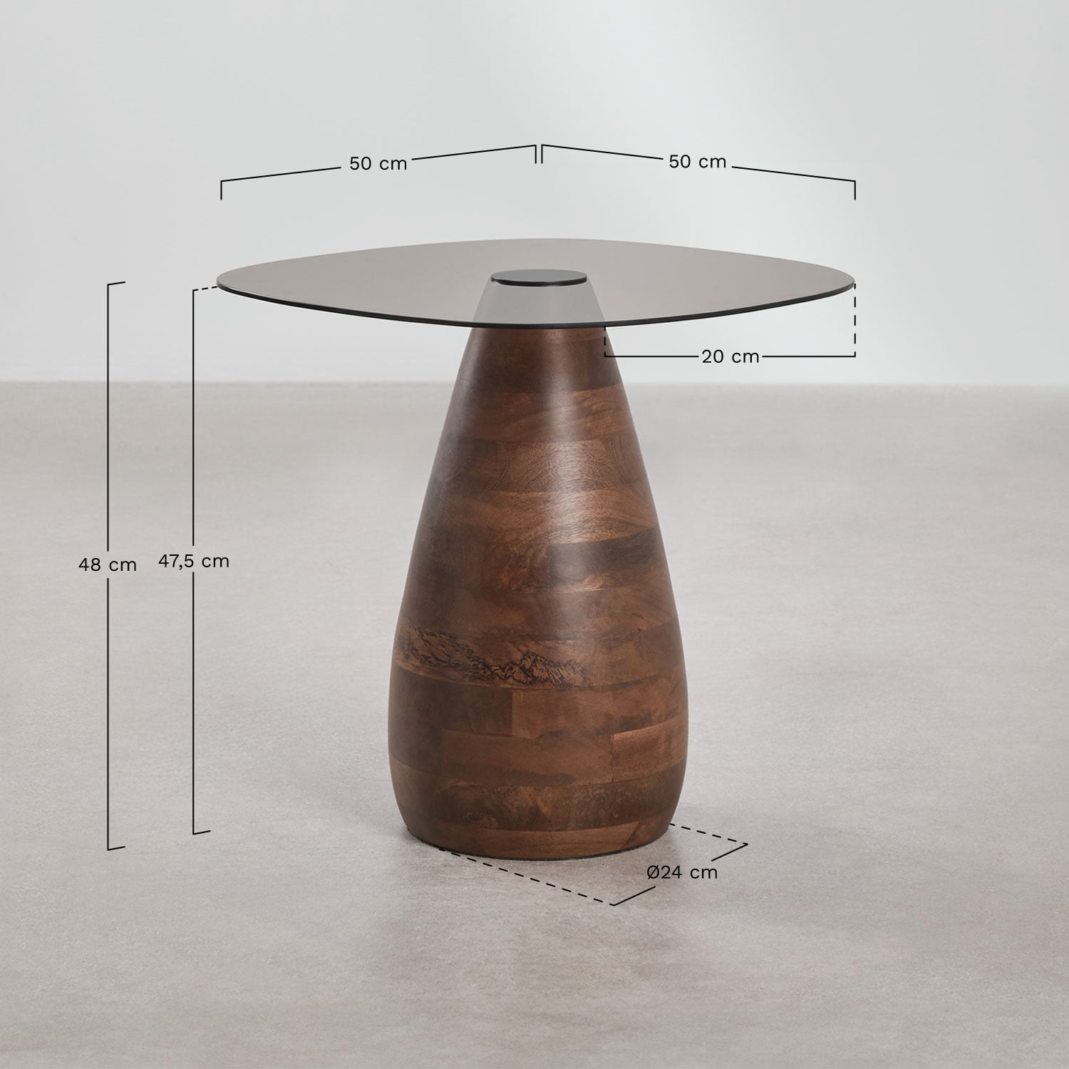 Mariana square side table 50x50 cm in tempered glass, medidas