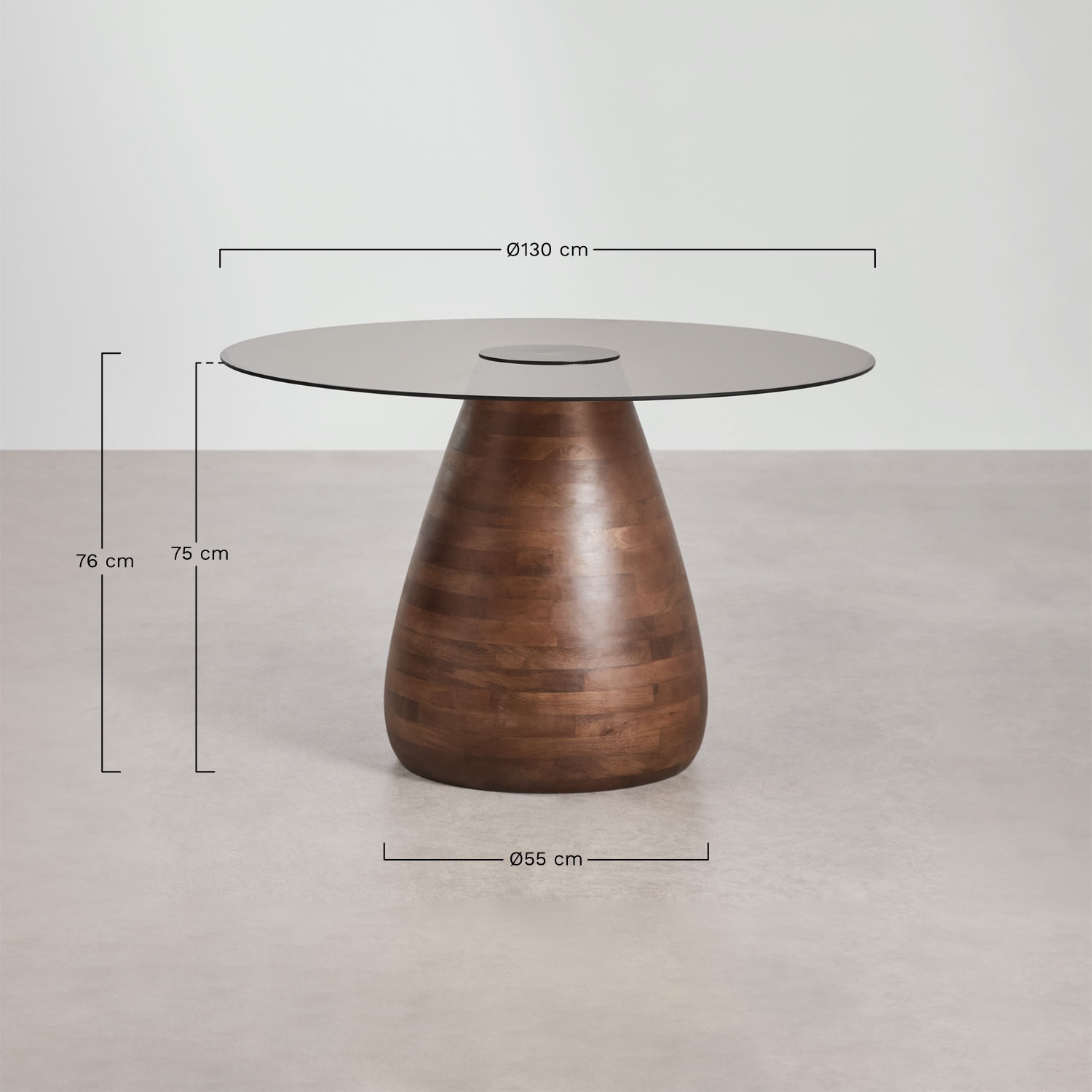 Mariana round dining table Ø130 cm in tempered glass, medidas