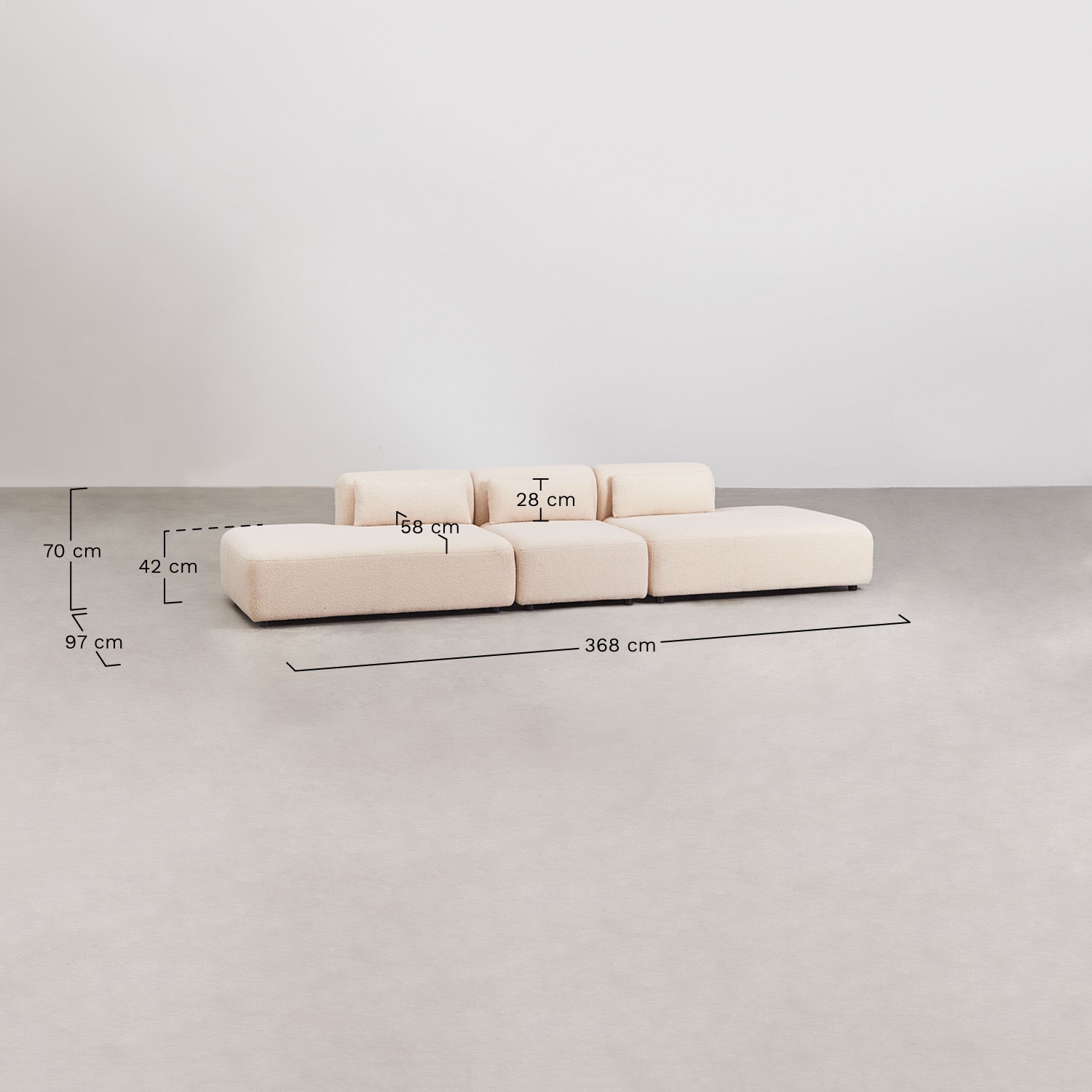 3-piece modular sofa with double chaise Fogler, medidas