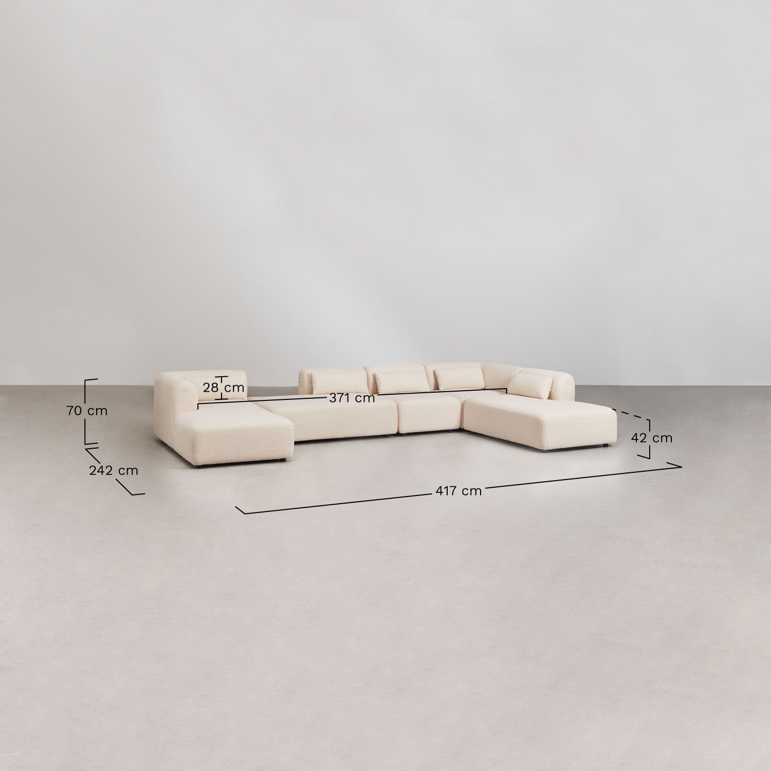 Left 5-piece modular chaise longue sofa with double ottoman Fogler, medidas