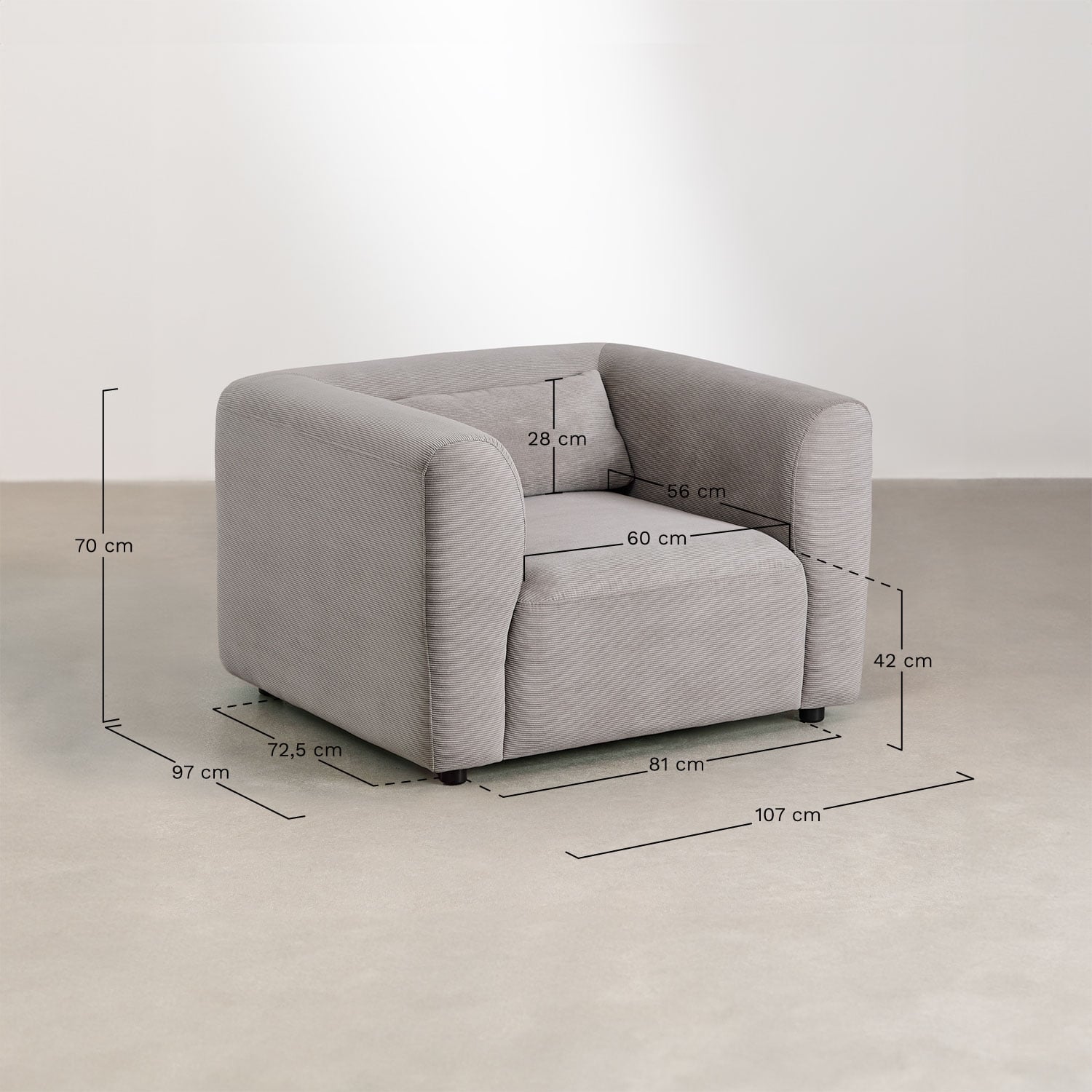 Living room set with 2-piece modular sofa and Fogler armchair, medidas