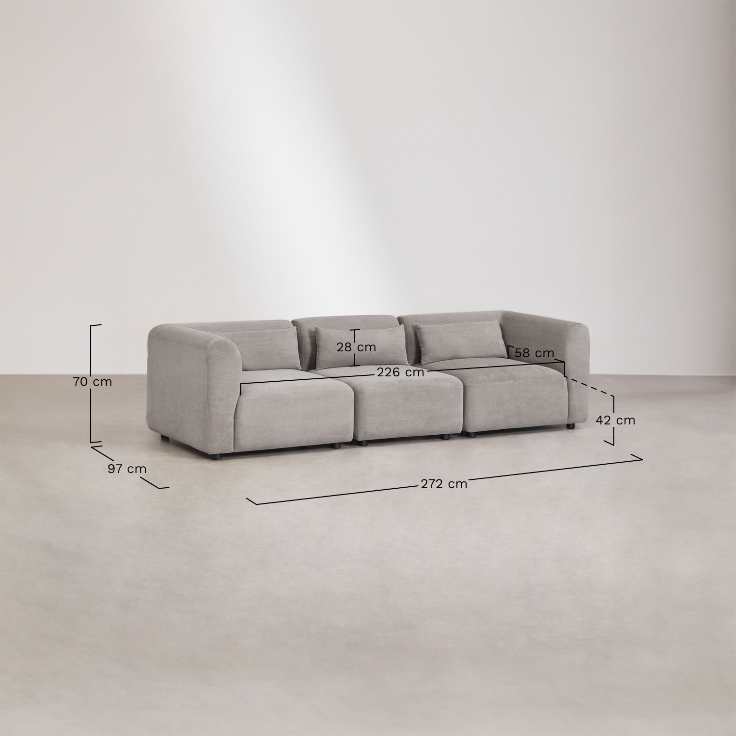 3-piece modular sofa and Fogler armchair living room set, medidas