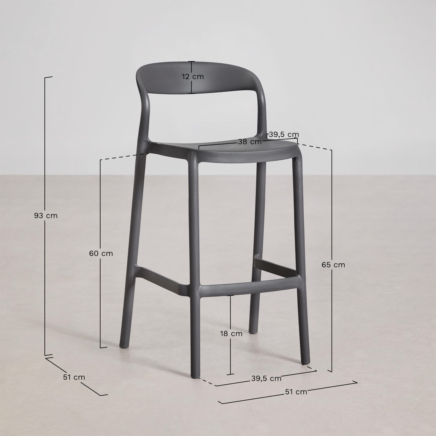 Stackable high stool in polypropylene Brenza, medidas