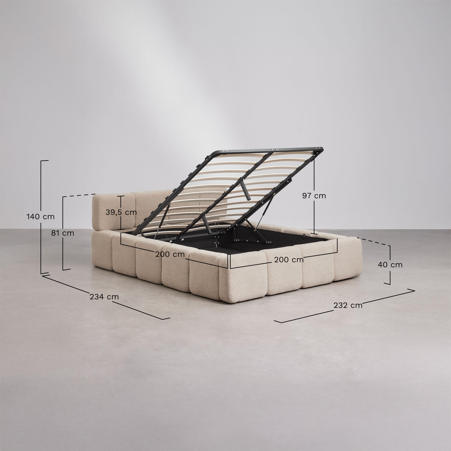 Bed with upholstered lift-up storage base Jolcem, medidas