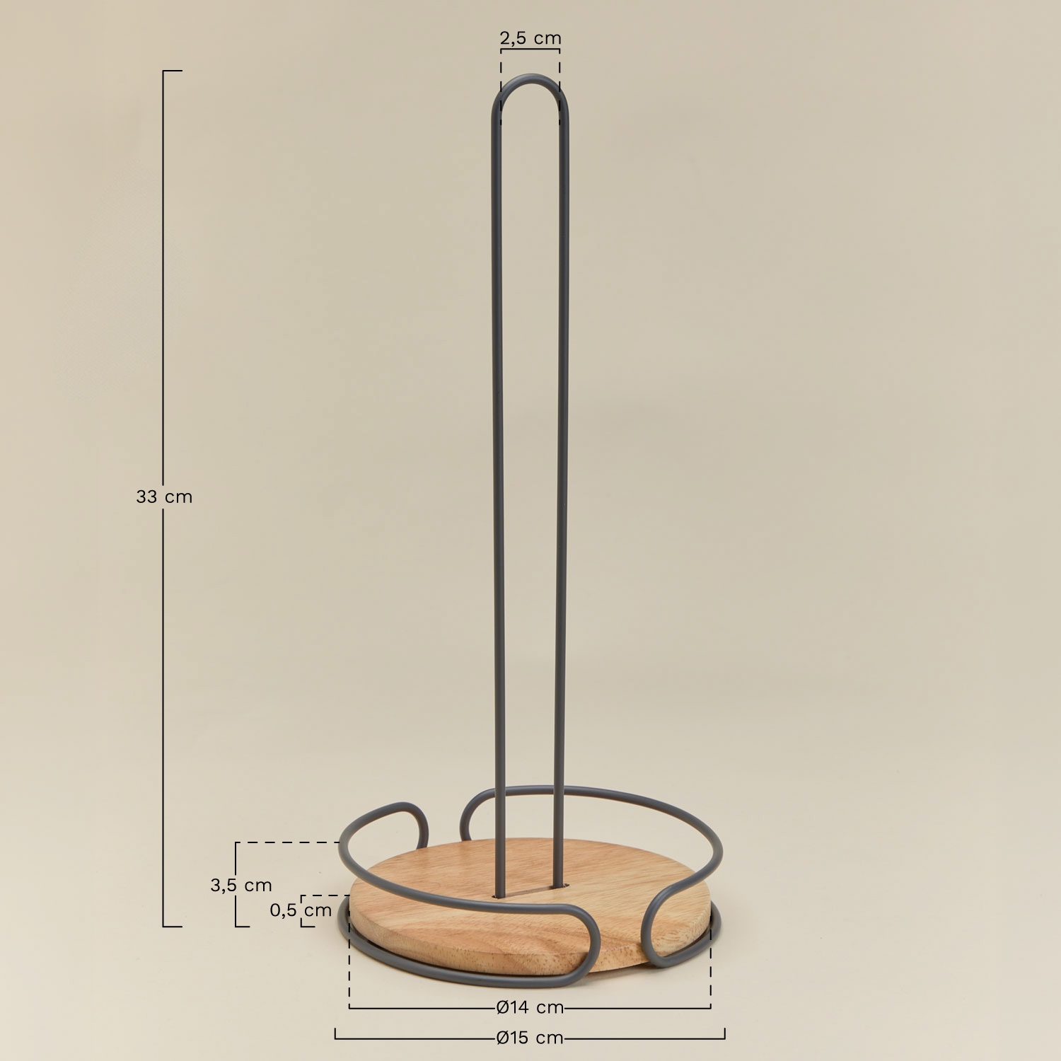 Ekarazi kitchen paper towel holder in iron and wood, medidas