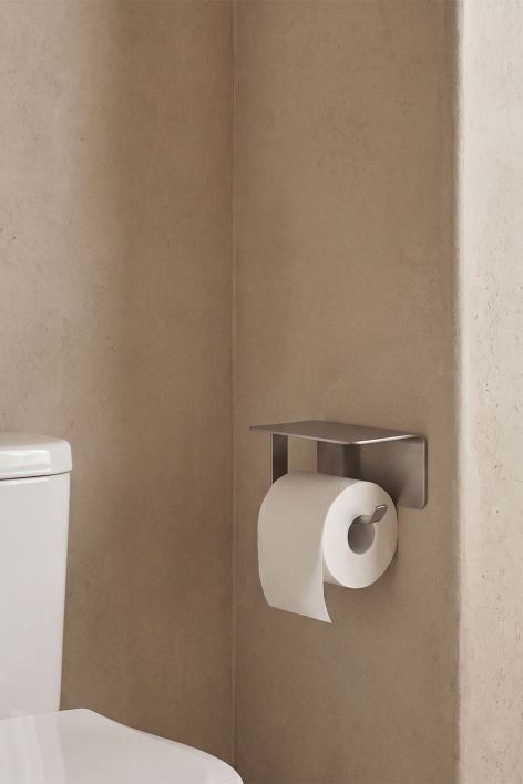 Adhesive toilet paper holder with shelf for bathroom in brushed grey stainless steel Ondreli
