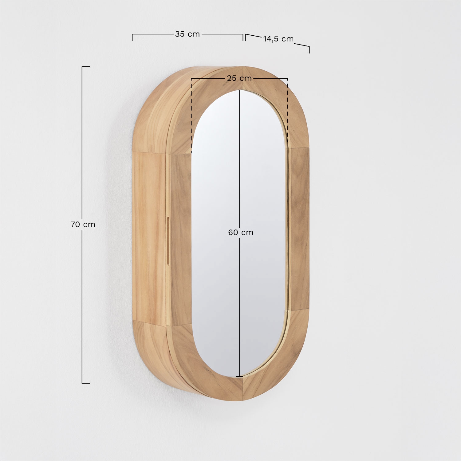 Oval 35x70 cm wall cabinet for bathroom in teak wood with mirror Ian, medidas