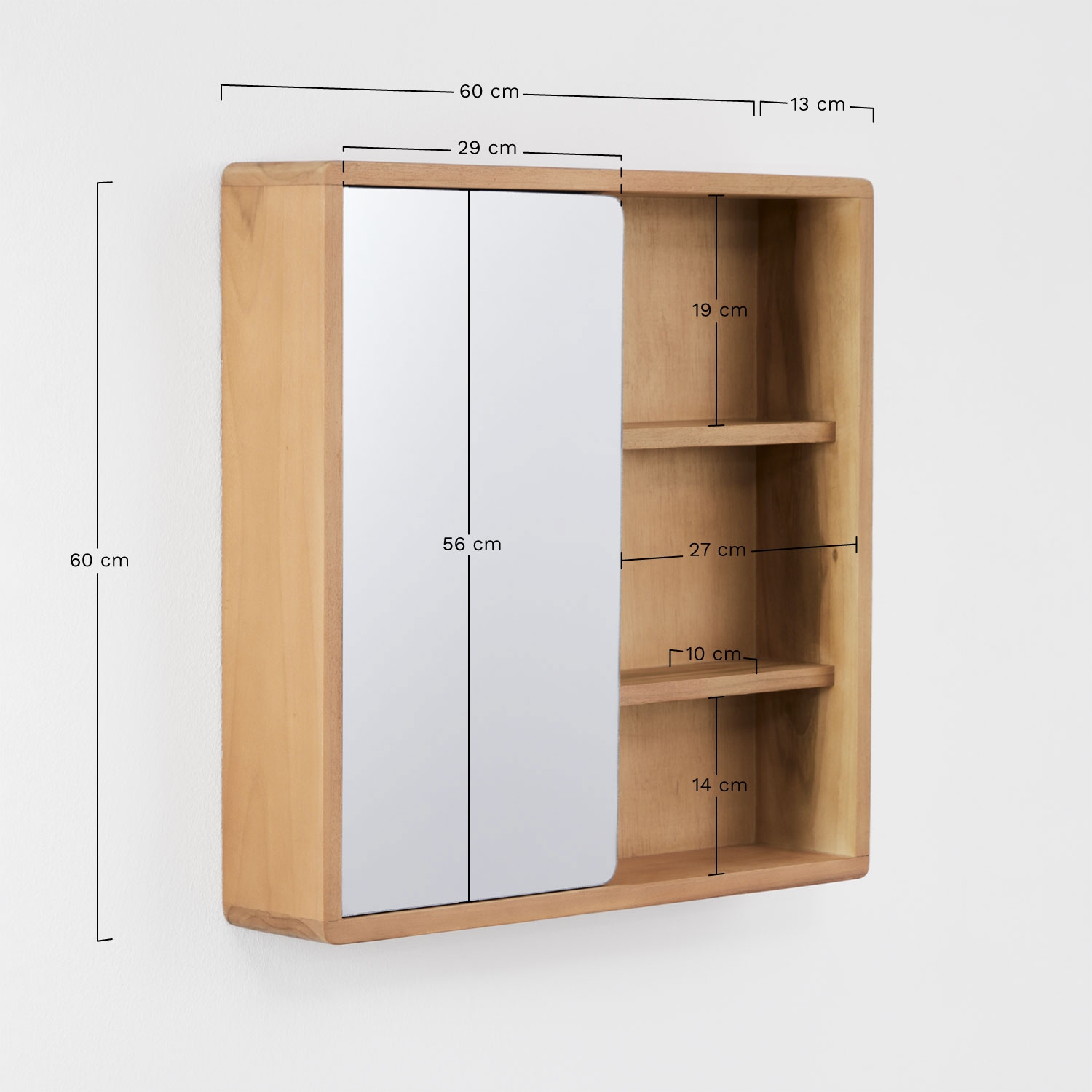 Square 60x60 cm wall cabinet for bathroom in teak wood with mirror Ian, medidas