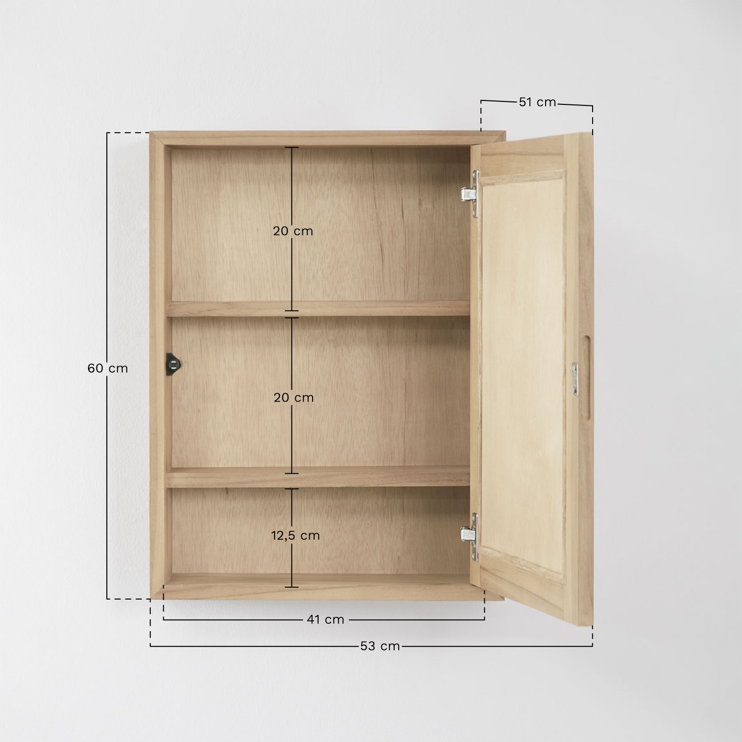 Rectangular wall cabinet 45x60 cm for bathroom in teak wood with mirror Ian, medidas