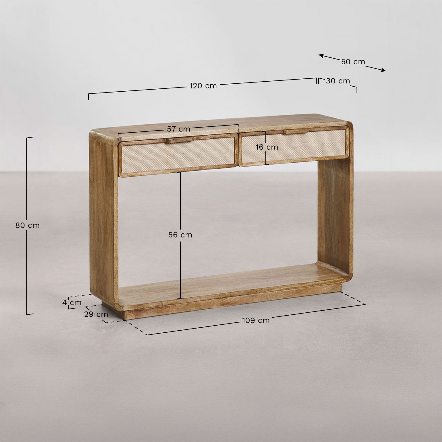 Abrams 120x30 cm mango wood hallway console table, medidas