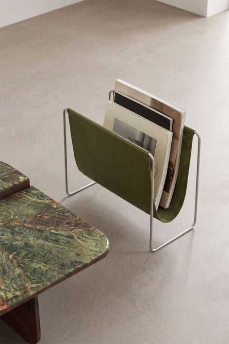 Dravena floor magazine rack in leather and stainless steel