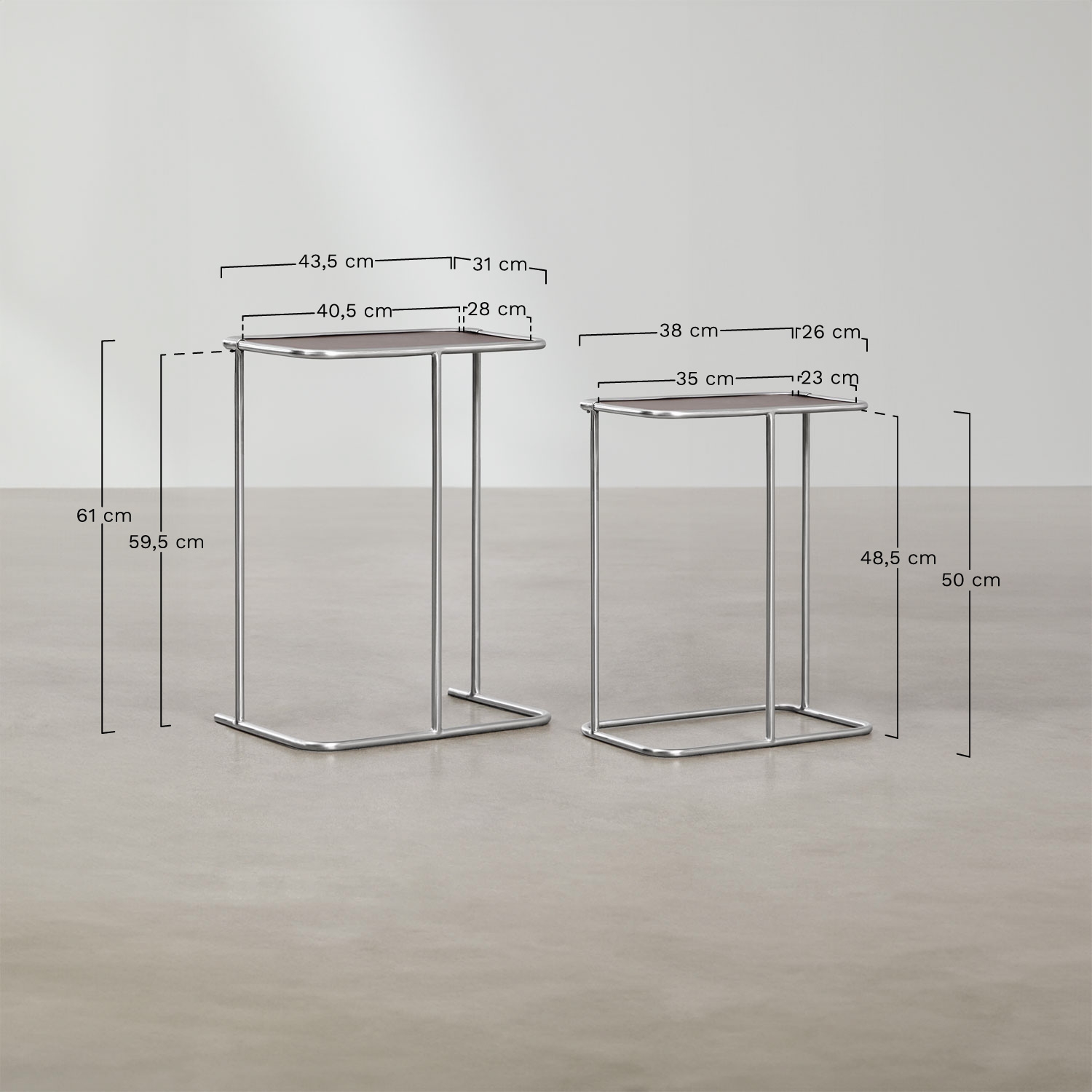 Rectangular nesting side tables in leather and stainless steel Dravena, medidas