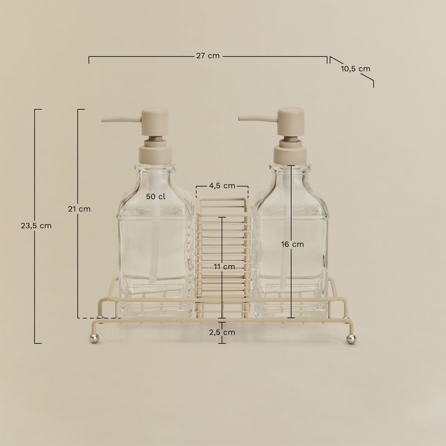 Darcei double kitchen soap dispenser in iron and glass, medidas