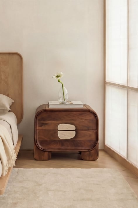 Kivalina 50x35 cm nightstand in mango wood and natural stone - Travertine - Dark mango wood