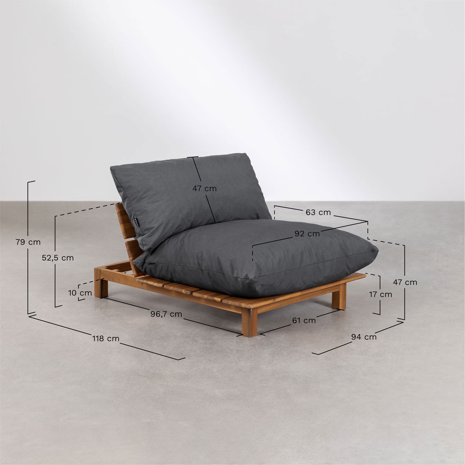 Reclining central module for Brina acacia wood modular sofa, medidas