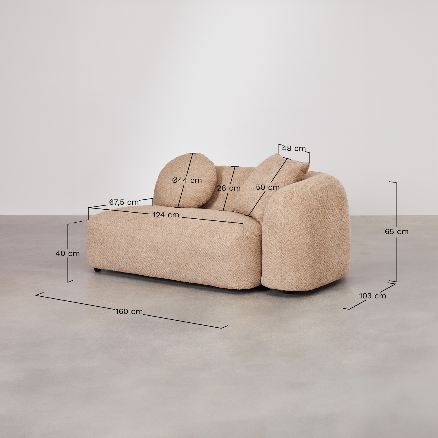 Right corner 2-seater module for modular sofa in Coco chenille, medidas