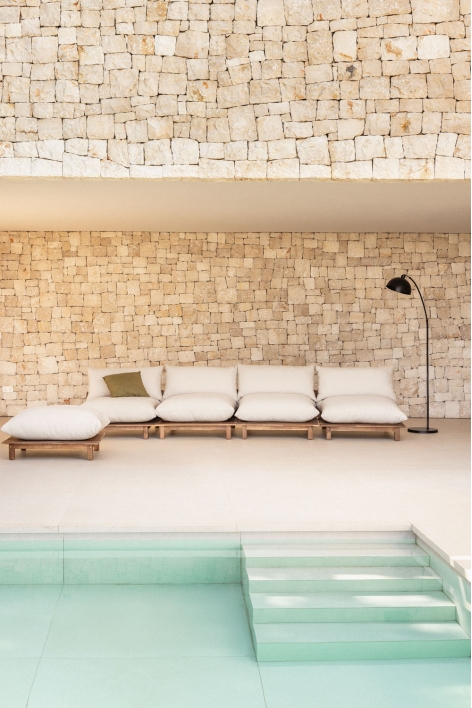 4-piece Acacia Wood Brina Outdoor Reclining Modular Sofa with Ottoman - Beige Cream