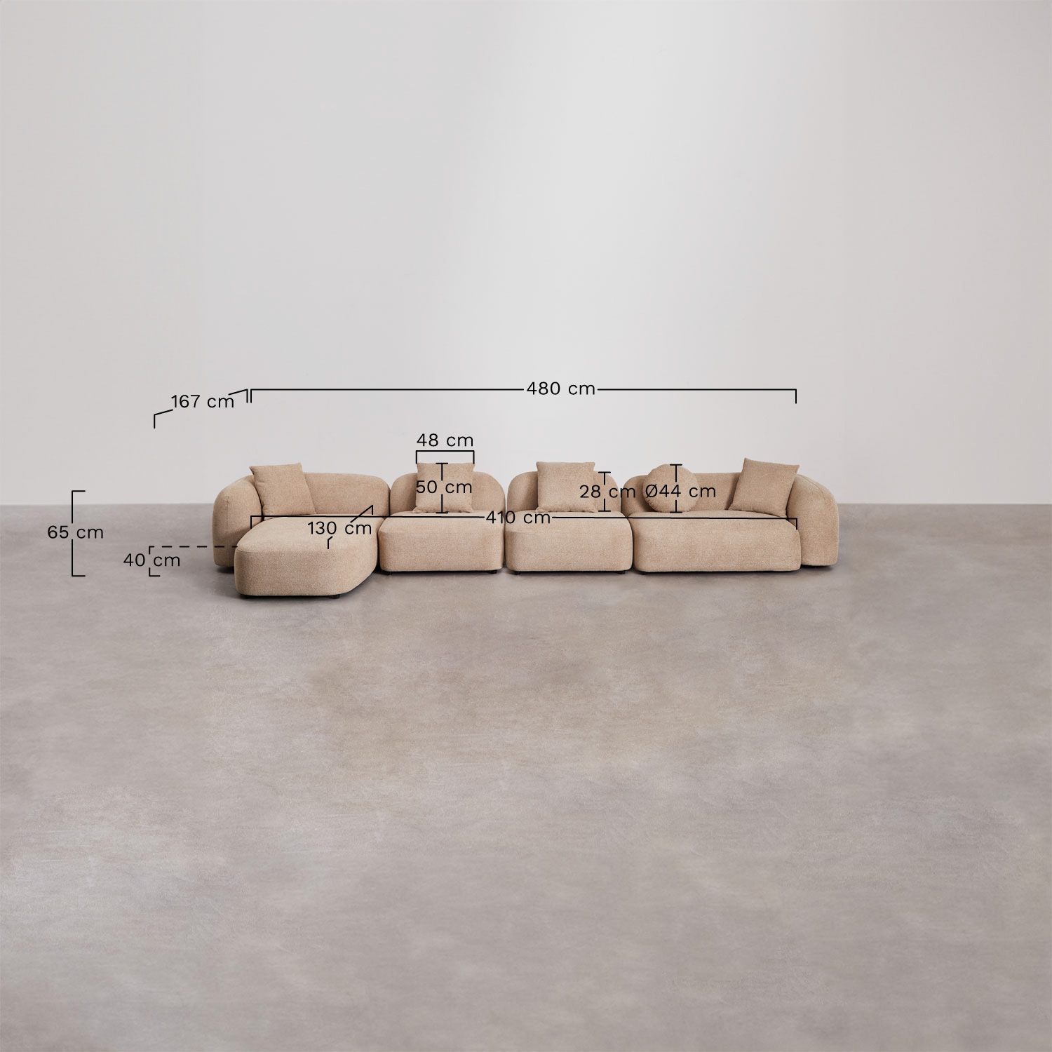 4-piece left modular chaise longue sofa in Coco chenille, medidas