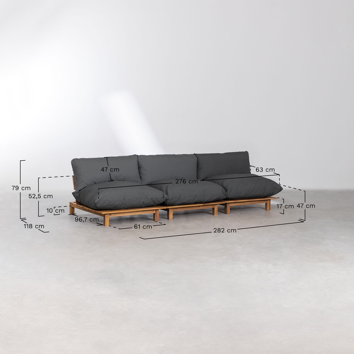 3-piece reclining modular sofa in acacia wood Brina, medidas