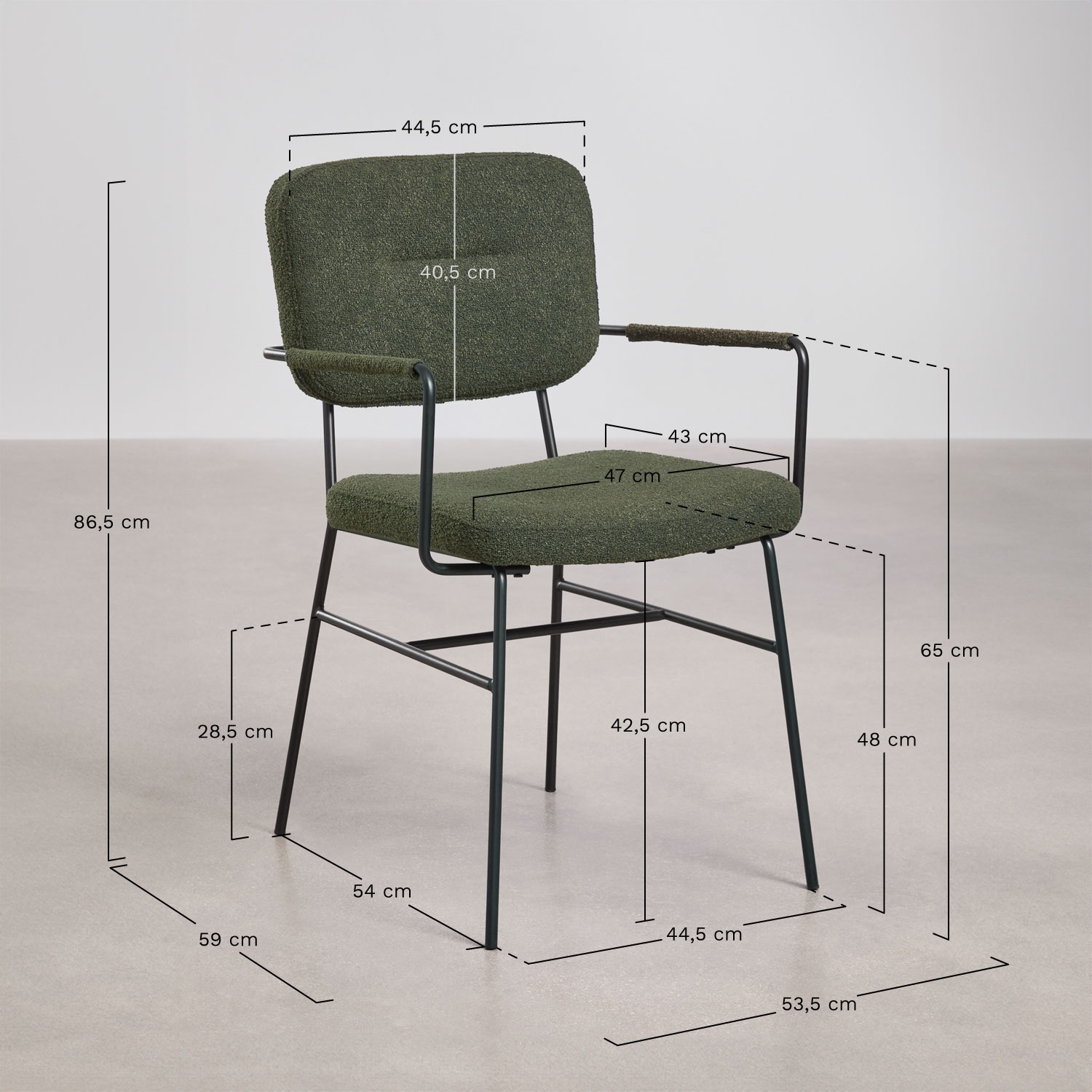 Milih upholstered dining chair with armrests, medidas