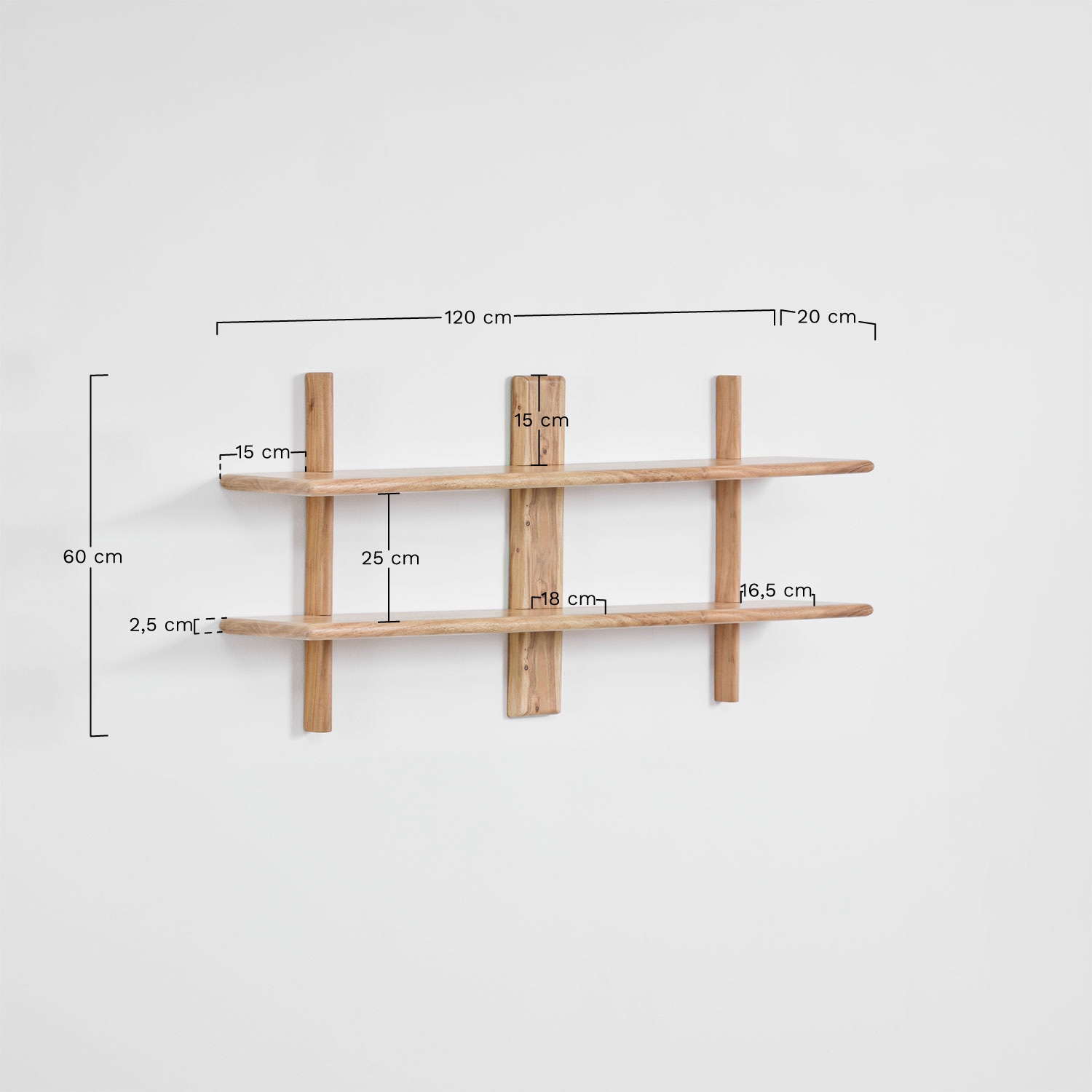 Erisu acacia wood wall shelf ↔︎120 cm, medidas