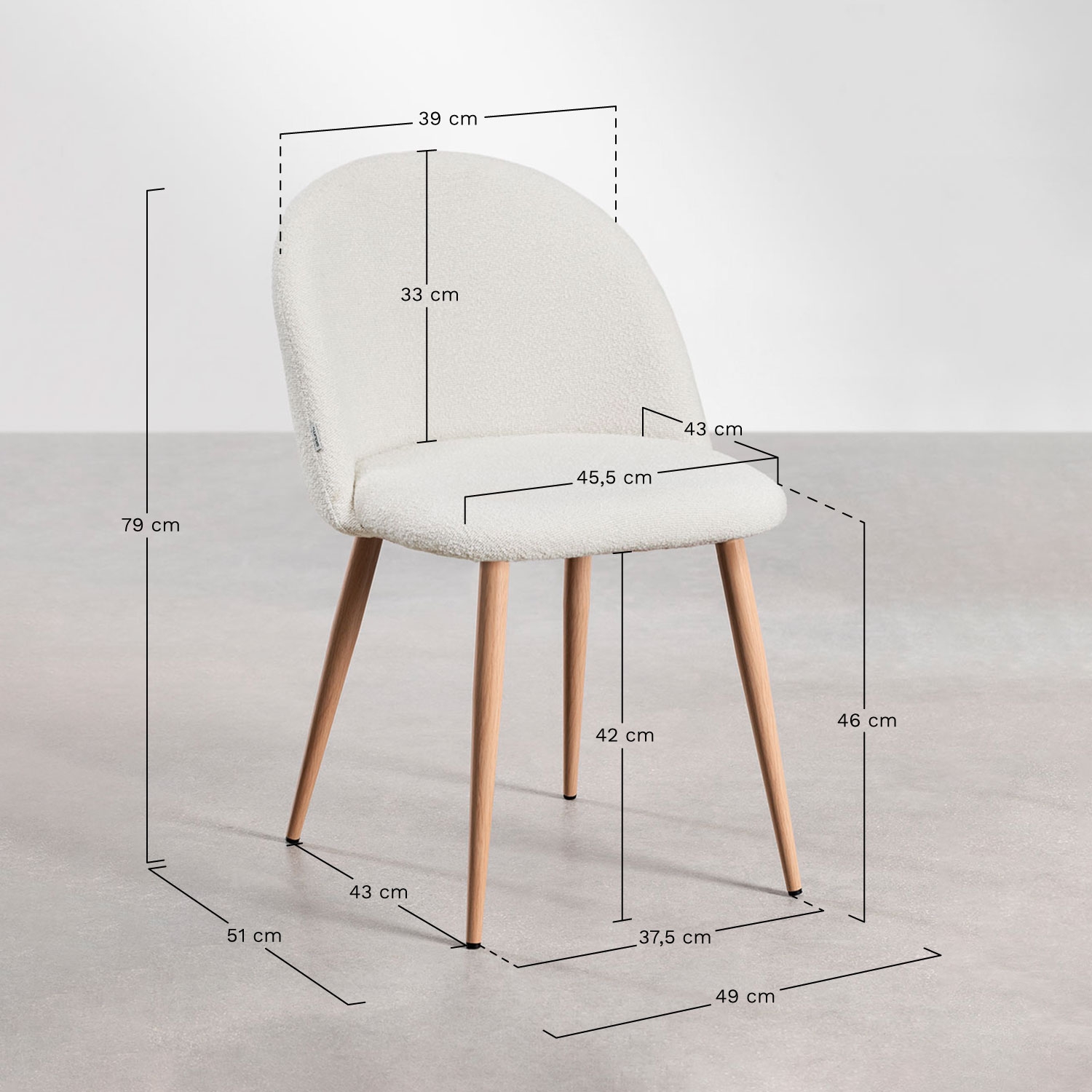 Kana upholstered and steel dining chair, medidas