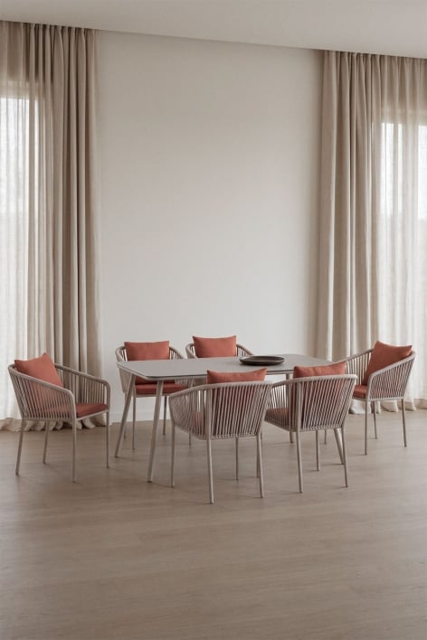 Rectangular dining table set 160x90 cm and 6 dining chairs in braided rope Arhiza Classic - Mocha Brown - Terracotta