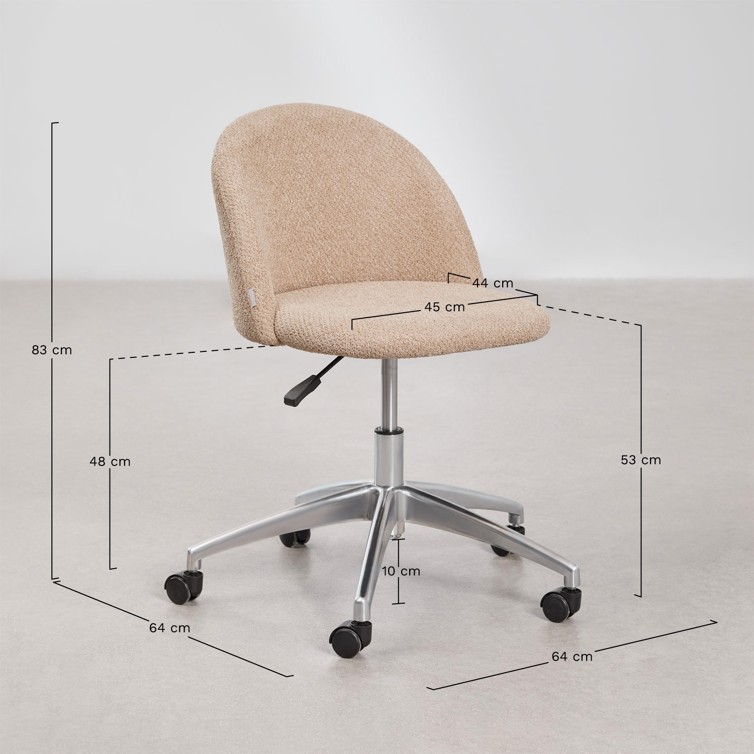 Kana upholstered office chair with wheels, medidas