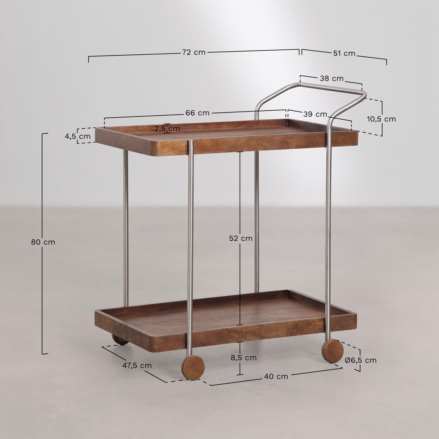 Danalex kitchen cart in mango wood and stainless steel, medidas