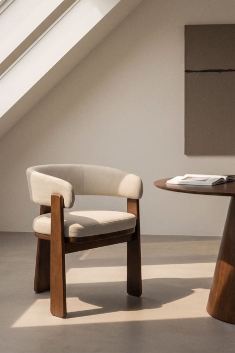 Carbalis upholstered dining chair with armrests and oak wood - Chenille Cream Beige