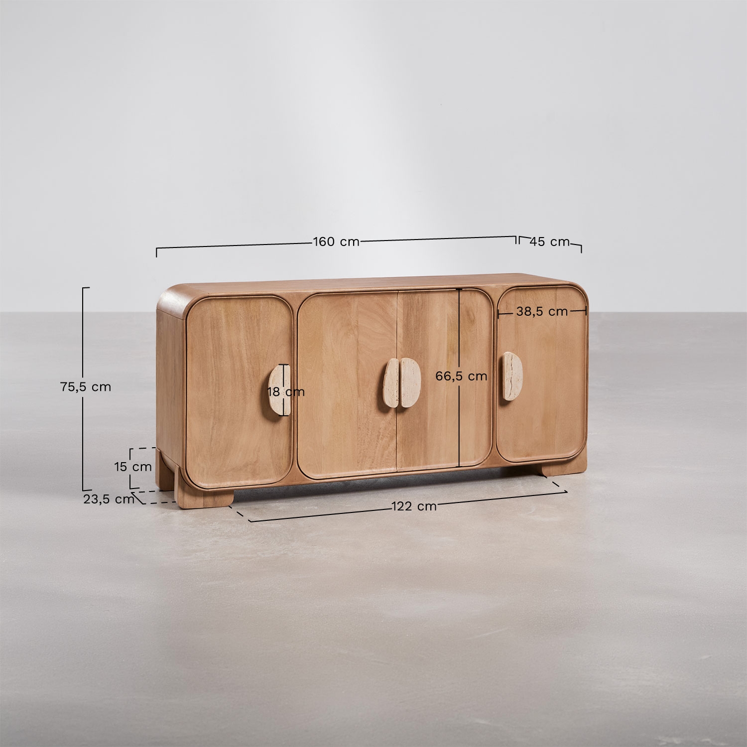 Sideboard 160x45 cm in mango wood and Kivalina natural stone, medidas