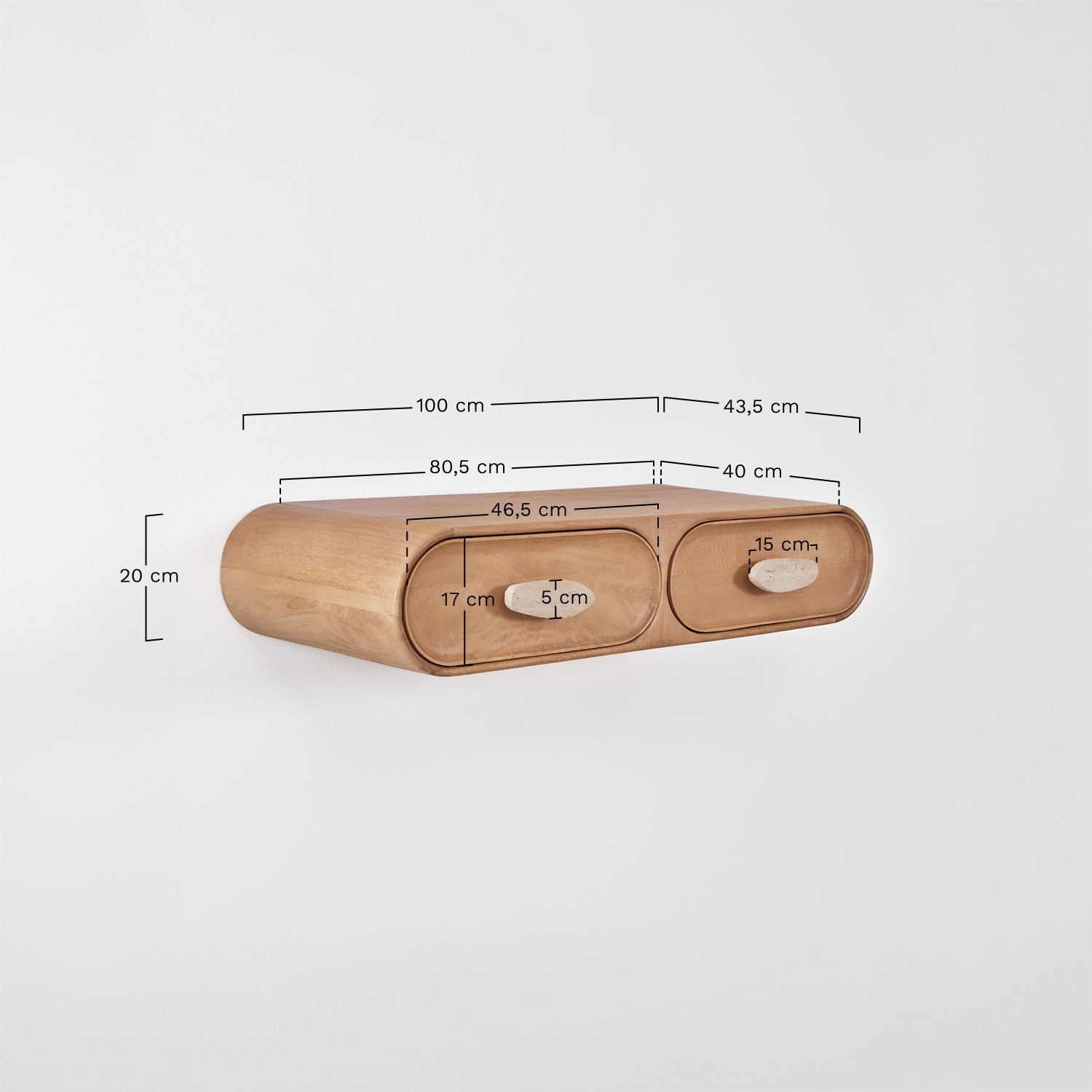 Wall-mounted entryway console 100x40 cm in mango wood and natural Kivalina stone, medidas