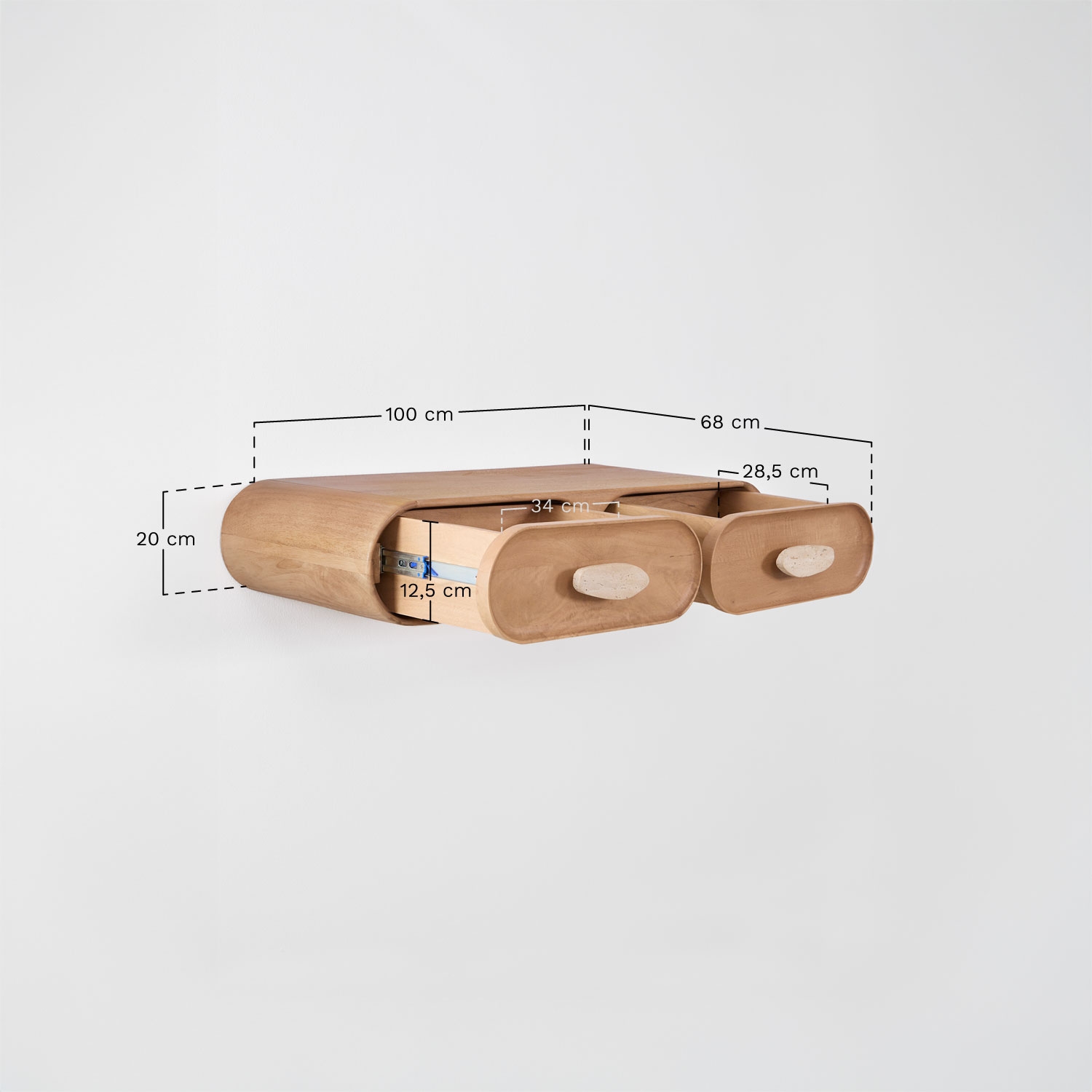 Wall-mounted entryway console 100x40 cm in mango wood and natural Kivalina stone, medidas