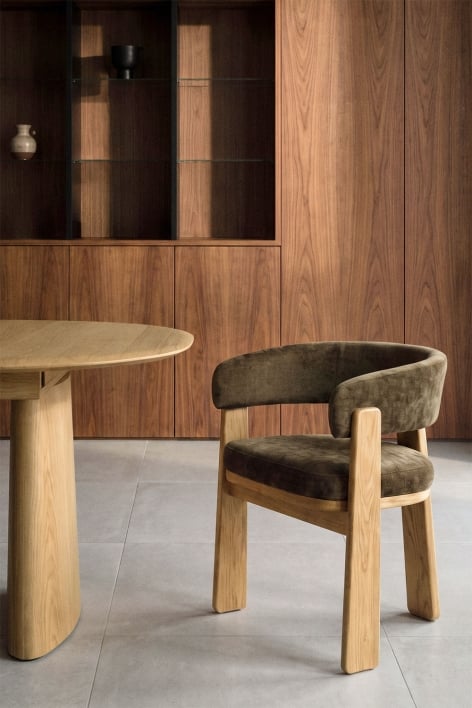 Carbalis upholstered dining chair with armrests and oak wood - Chenille Coffee Brown
