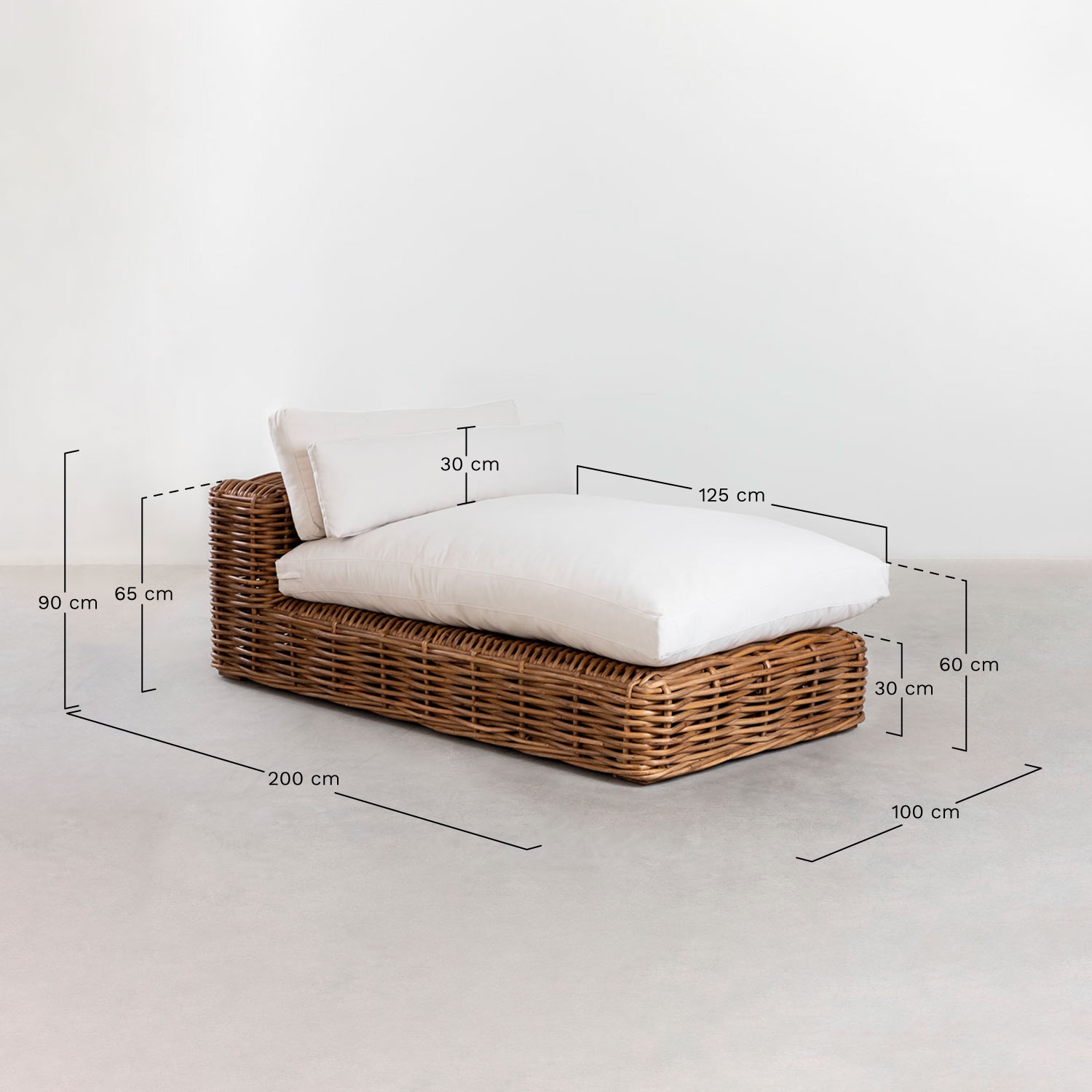Chaise longue module for Milu Style rattan modular garden sofa, medidas