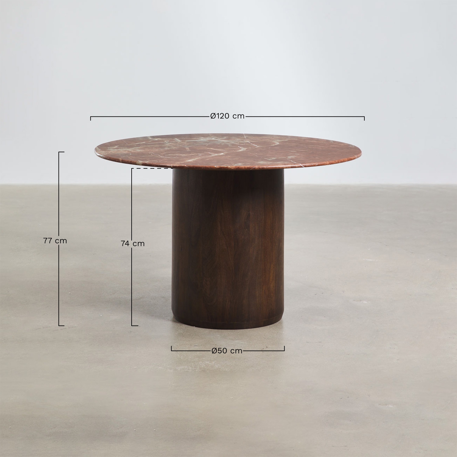 Round dining table Ø120 cm Luceida, medidas