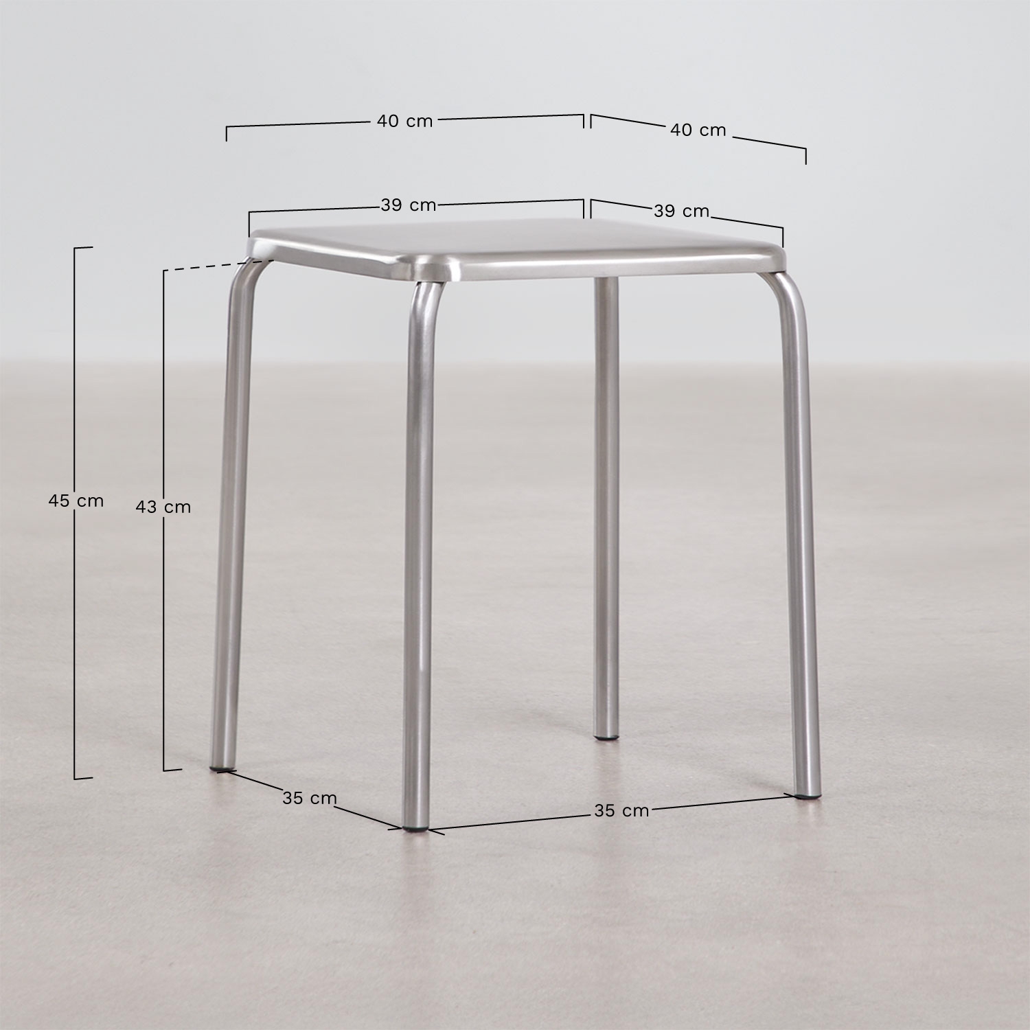 Stackable 45 cm low stool in stainless steel Narnial, medidas