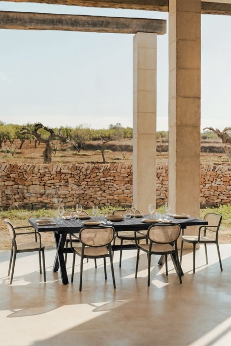 Karena extendable rectangular table set 180-240x90 cm and 6 stackable garden chairs with armrests Omara