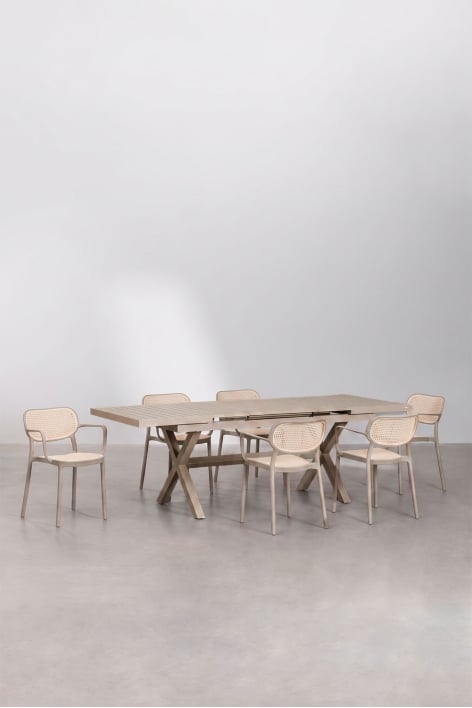 Karena extendable rectangular dining table 180-240x90 cm and 6 stackable Omara dining chairs with armrests - Moka Brown