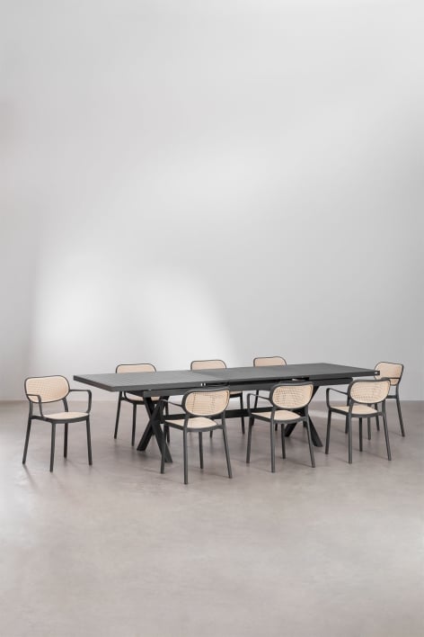 Karena extendable rectangular dining table set 240-300x100 cm and 8 stackable Omara dining chairs with armrests - Grey Graphite