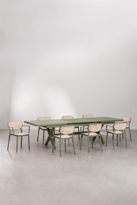 Karena extendable rectangular dining table set 240-300x100 cm and 8 stackable Omara dining chairs with armrests - Deep Olive Green 