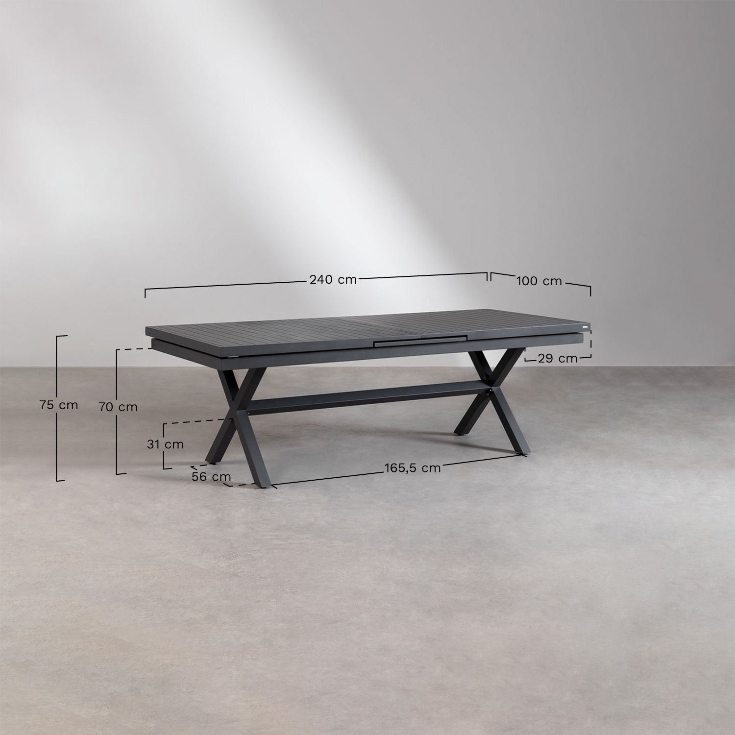 Karena extendable rectangular dining table 240-300x100 cm and 10 stackable Omara dining chairs with armrests, medidas
