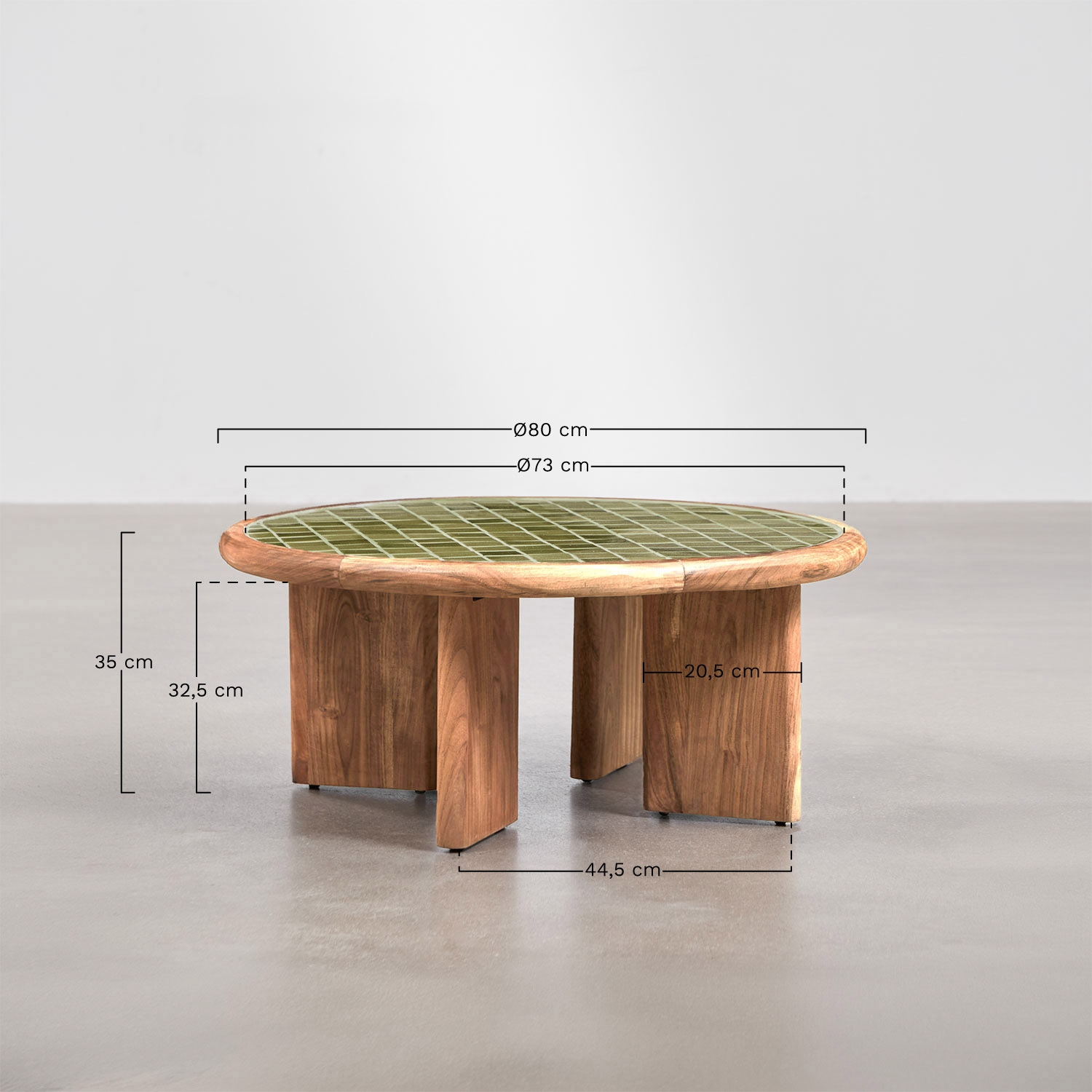 Round coffee table Ø80 cm in tiles and acacia wood Aitana, medidas