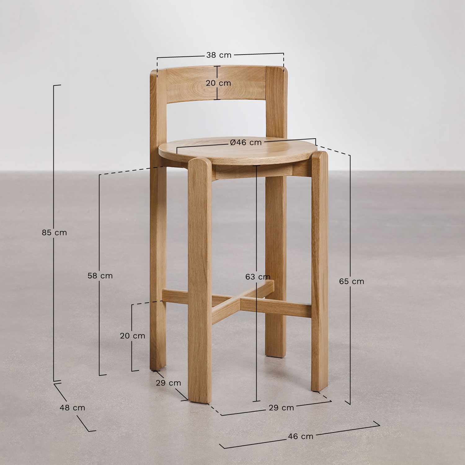 Pack of 4 high stools in Noreli oak wood, medidas