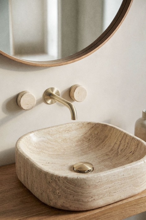 Gilstoin natural stone built-in basin mixer set and Orveta brass Click-Clack type basin drain valve - Brushed Gold